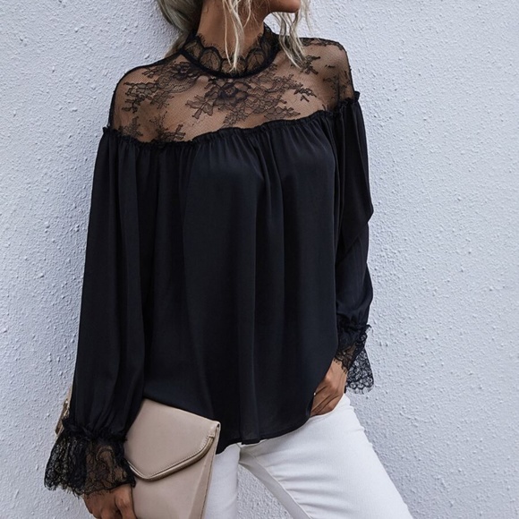Tops - Boho black lace detail oversized floral top